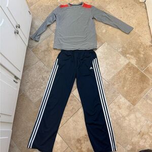 Set of YL Adidas Navy Striped Pants & Nike Grey & Orange long sleeved shirt
